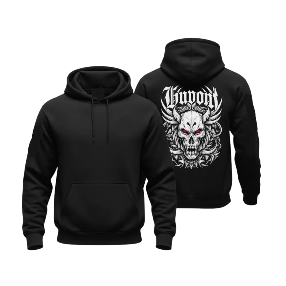 Black hoodie with skull design on the back and brand logo on the chest, displayed on a light gray background.