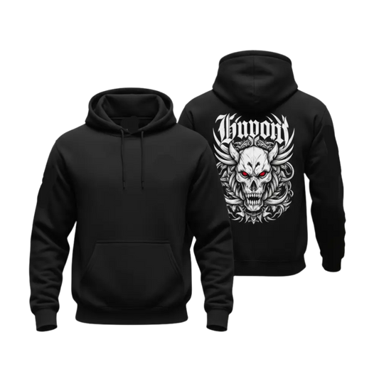 Black hoodie with skull design on the back and brand logo on the chest, displayed on a light gray background.
